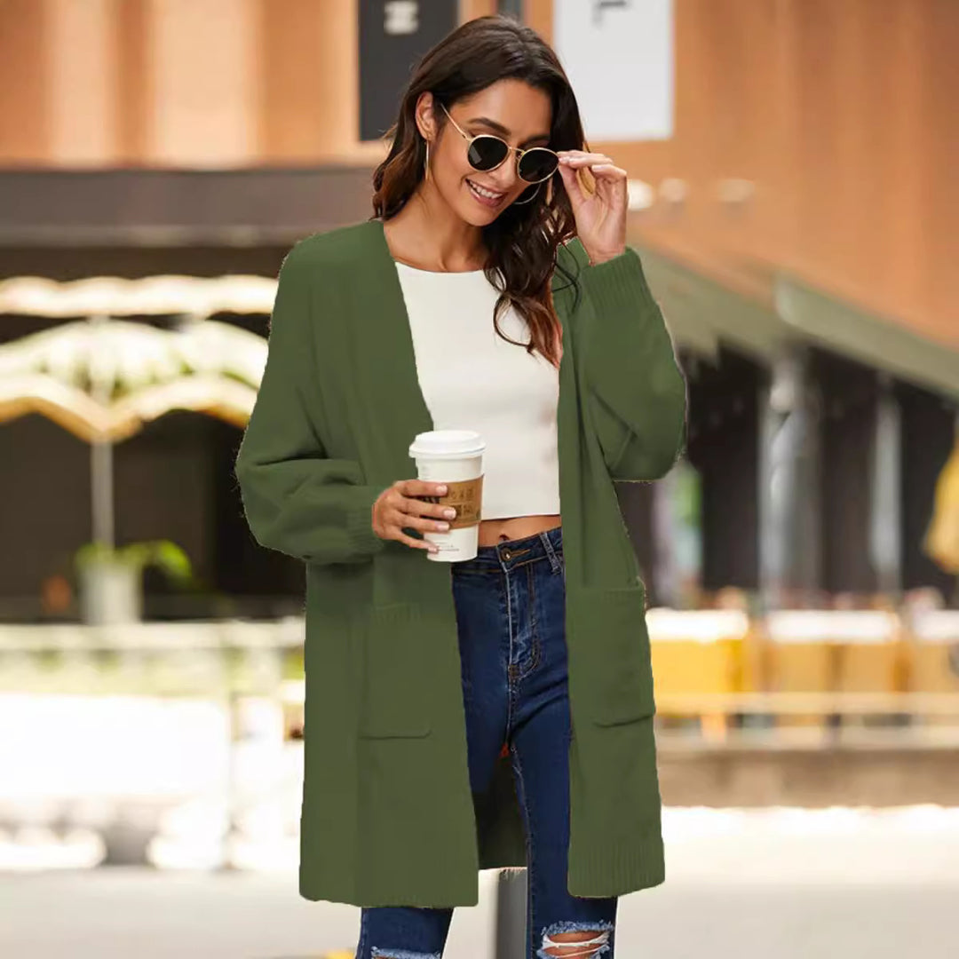 Damen langärmeliger Cardigan mit offenen Fronten und tiefen Taschen Fudus