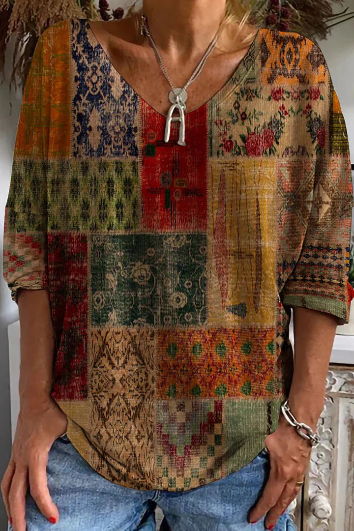 Fudus | Retro-T-Shirt mit ethnischem Druck für Damen