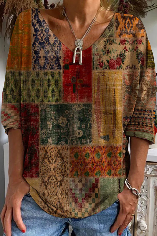 Fudus | Retro-T-Shirt mit ethnischem Druck für Damen