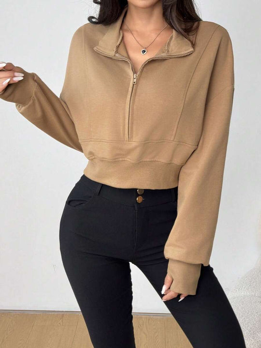 Damen Kurzarm-Sweatshirt mit hohem Kragen und Reißverschluss Fudus