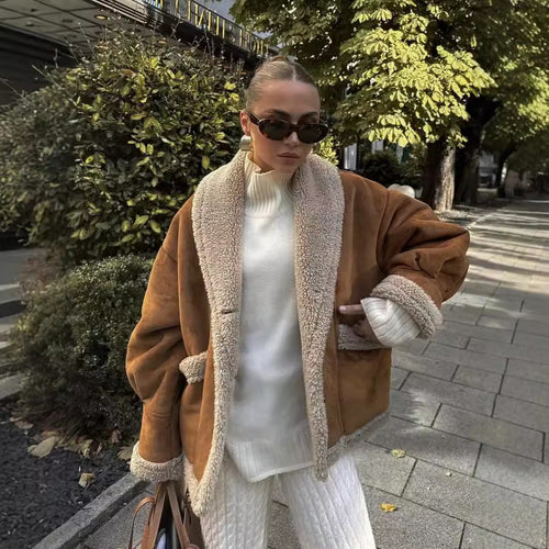 Damen kuschelige Oversized-Jacke mit Schaffellkragen und großen Taschen Fudus