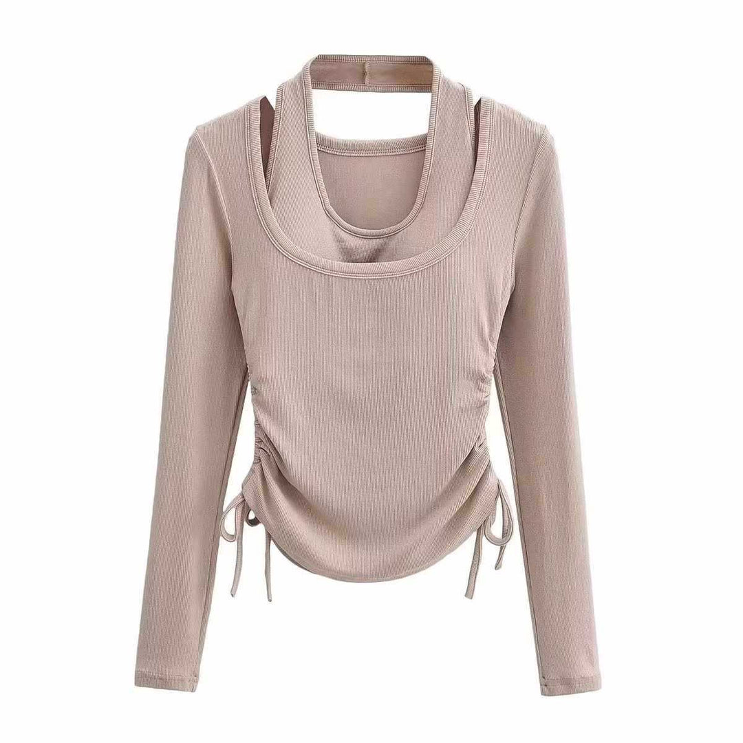 Damen langärmeliges Oberteil mit dekorativem Knoten Fudus