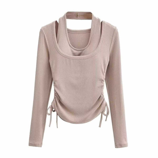 Damen langärmeliges Oberteil mit dekorativem Knoten Fudus