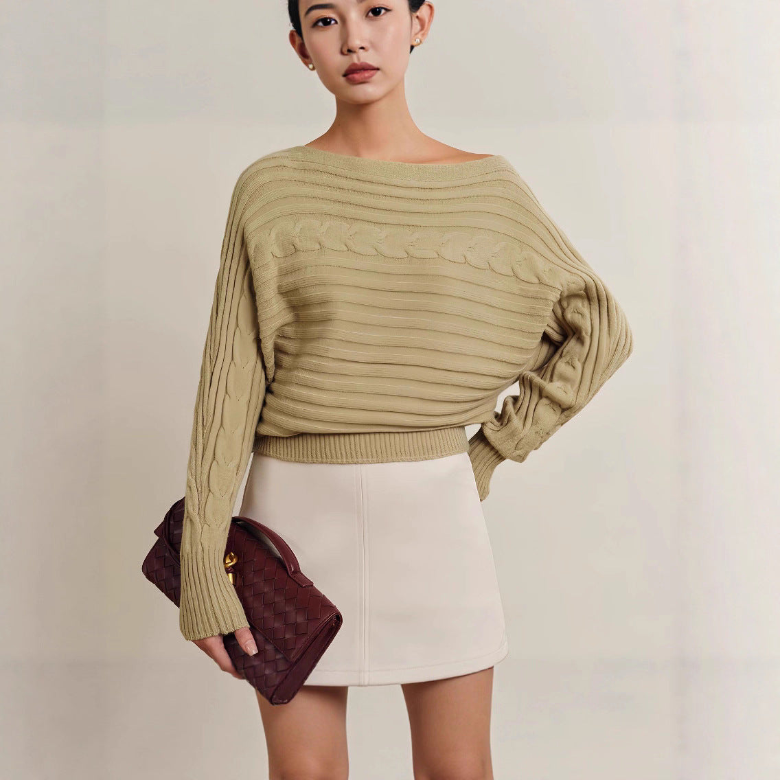 Damen Hübscher, lässiger Strickpullover mit breiten Ärmeln Fudus