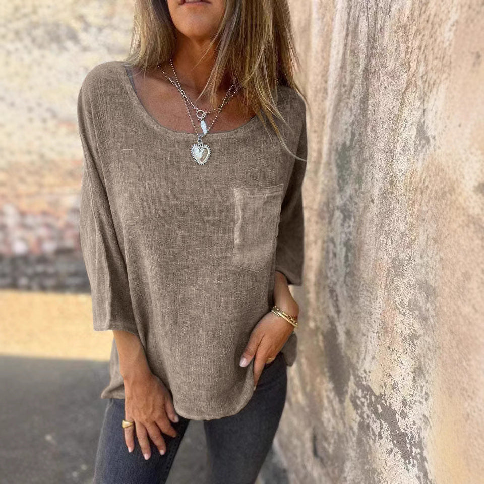 Damen lässige Leinenbluse mit aufgesetzter Tasche Fudus