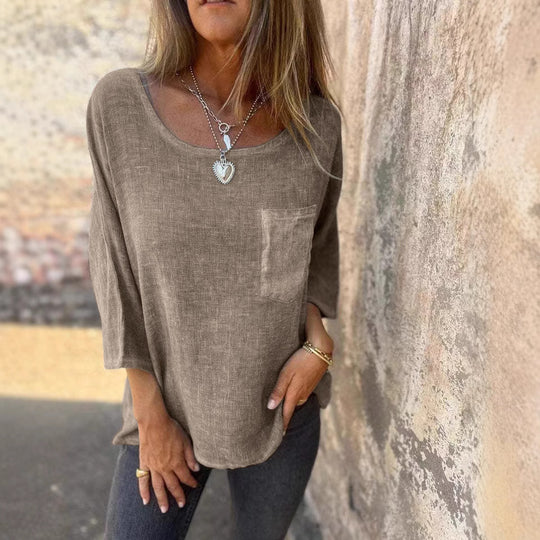 Damen lässige Leinenbluse mit aufgesetzter Tasche Fudus