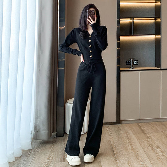 Damen langärmliger Strickanzug mit Elastikbund Fudus