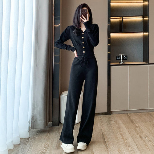 Damen langärmliger Strickanzug mit Elastikbund Fudus