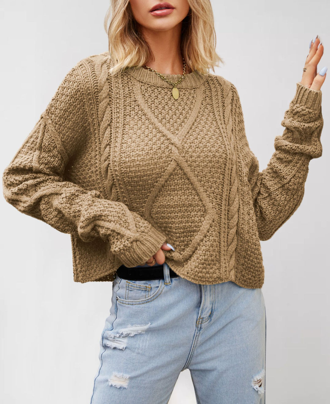 Damen Grobstrickpullover mit strukturiertem Zopfmuster Fudus