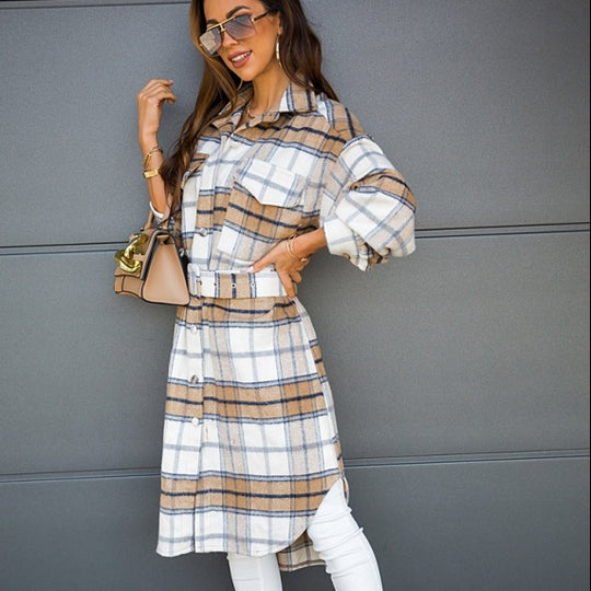 Damen Karierte Hemdbluse mit befestigtem Gürtel Fudus