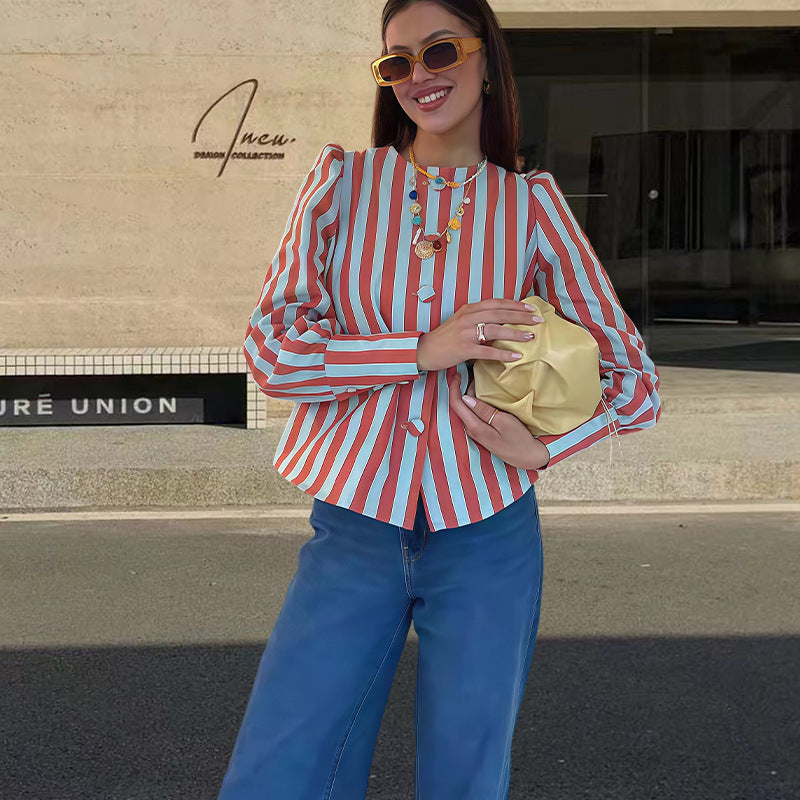 Damen gestreifte Bluse mit Raffinesse und eleganten Knöpfen Fudus