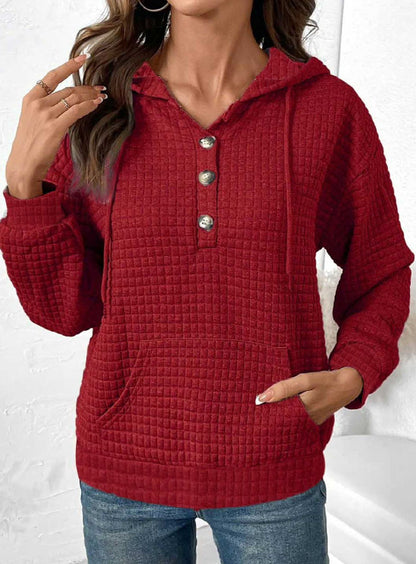 Damen Kapuzenpullover mit Knöpfen und Kängurutasche Fudus