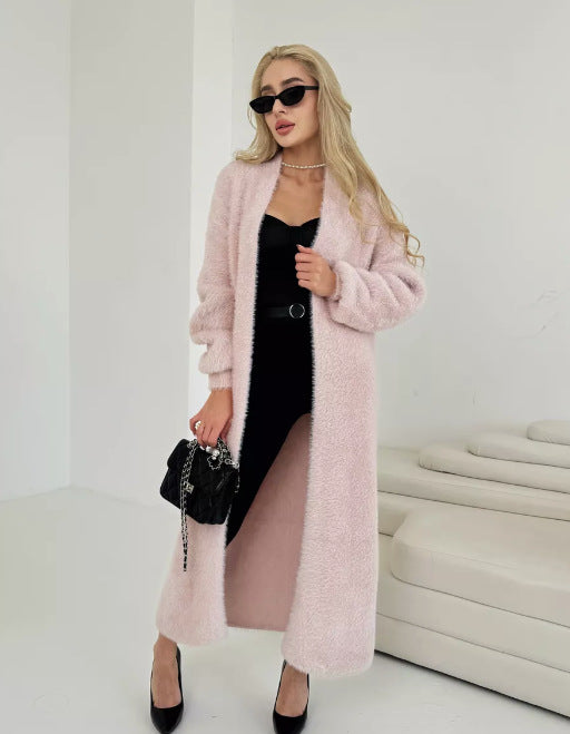 Damen Langer Flauschiger Cardigan mit offenem Schnitt und überschnittenen Ärmeln Fudus