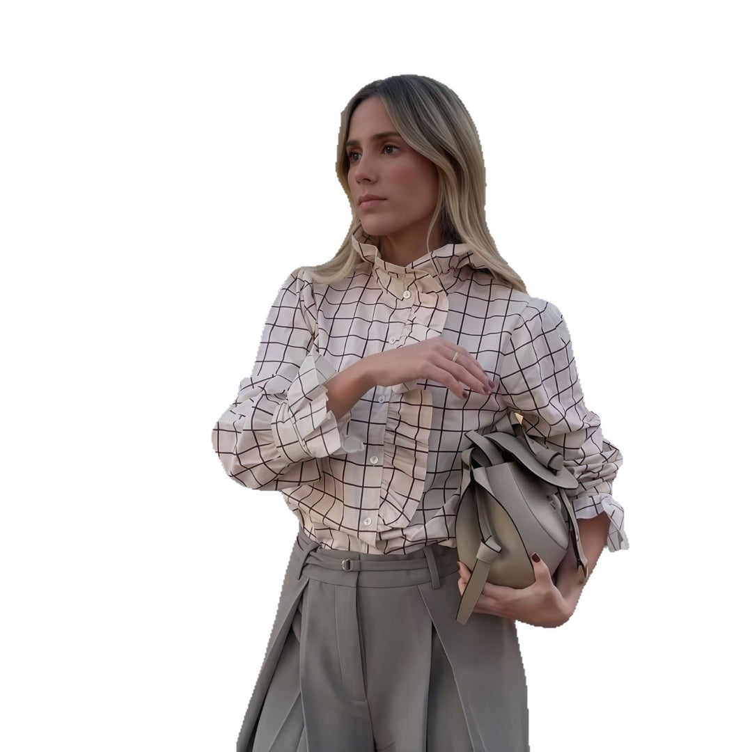 Damen Karierte Bluse mit eleganten Rüschendetails Fudus