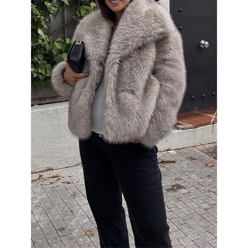 Damen Kuschelige Teddy-Jacke mit breitem Revers Fudus