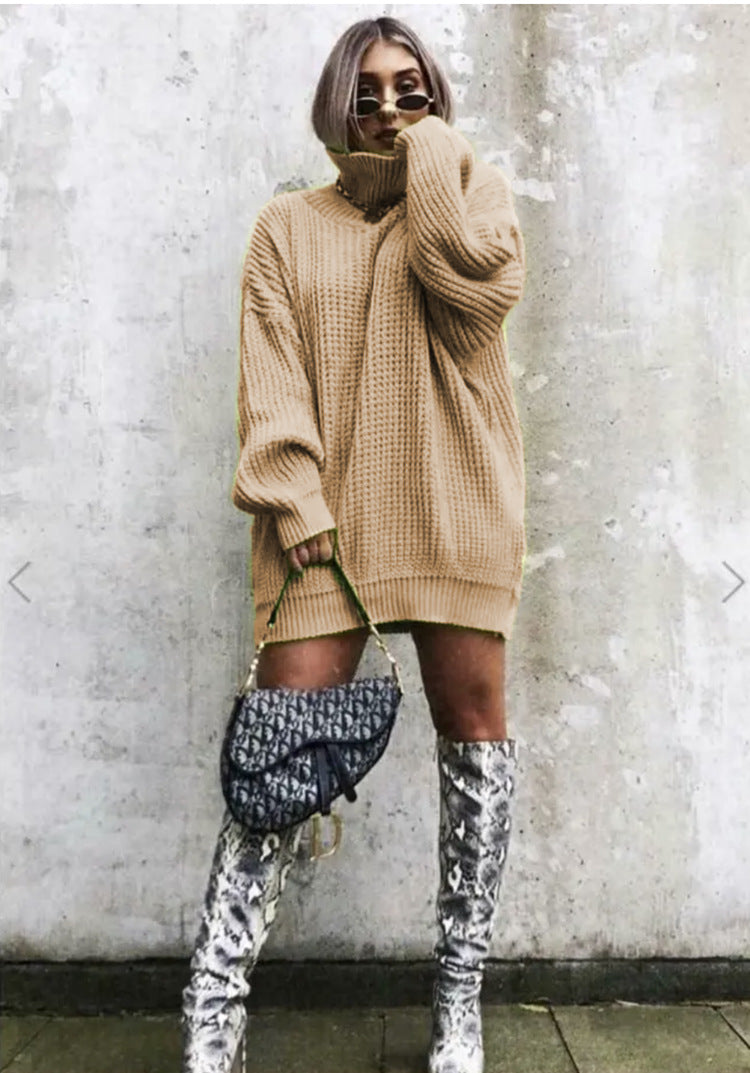 Damen Grobstrickpullover mit hohem Kragen und lockerem Schnitt Fudus