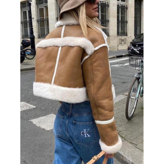 Damen kurze Lederjacke mit kunstpelzbesatz Fudus