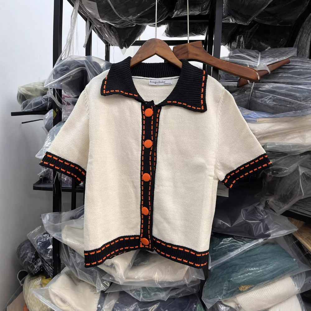 Damen Kurzarmpullover mit kontrastierenden Details Fudus