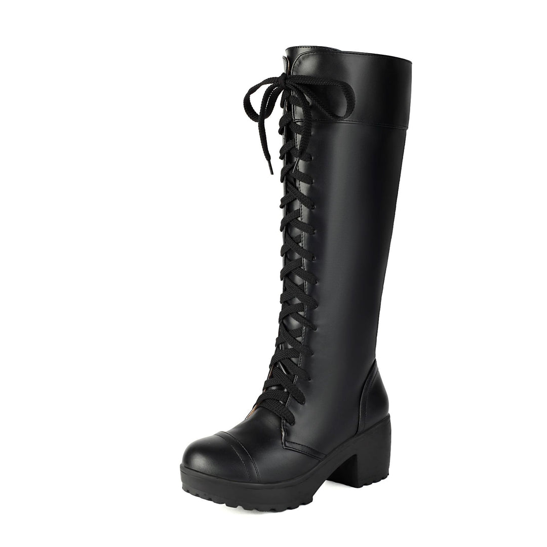 Damen hohe Schnürstiefel mit robustem Blockabsatz Fudus