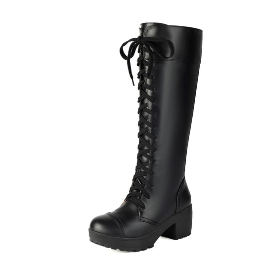 Damen hohe Schnürstiefel mit robustem Blockabsatz Fudus