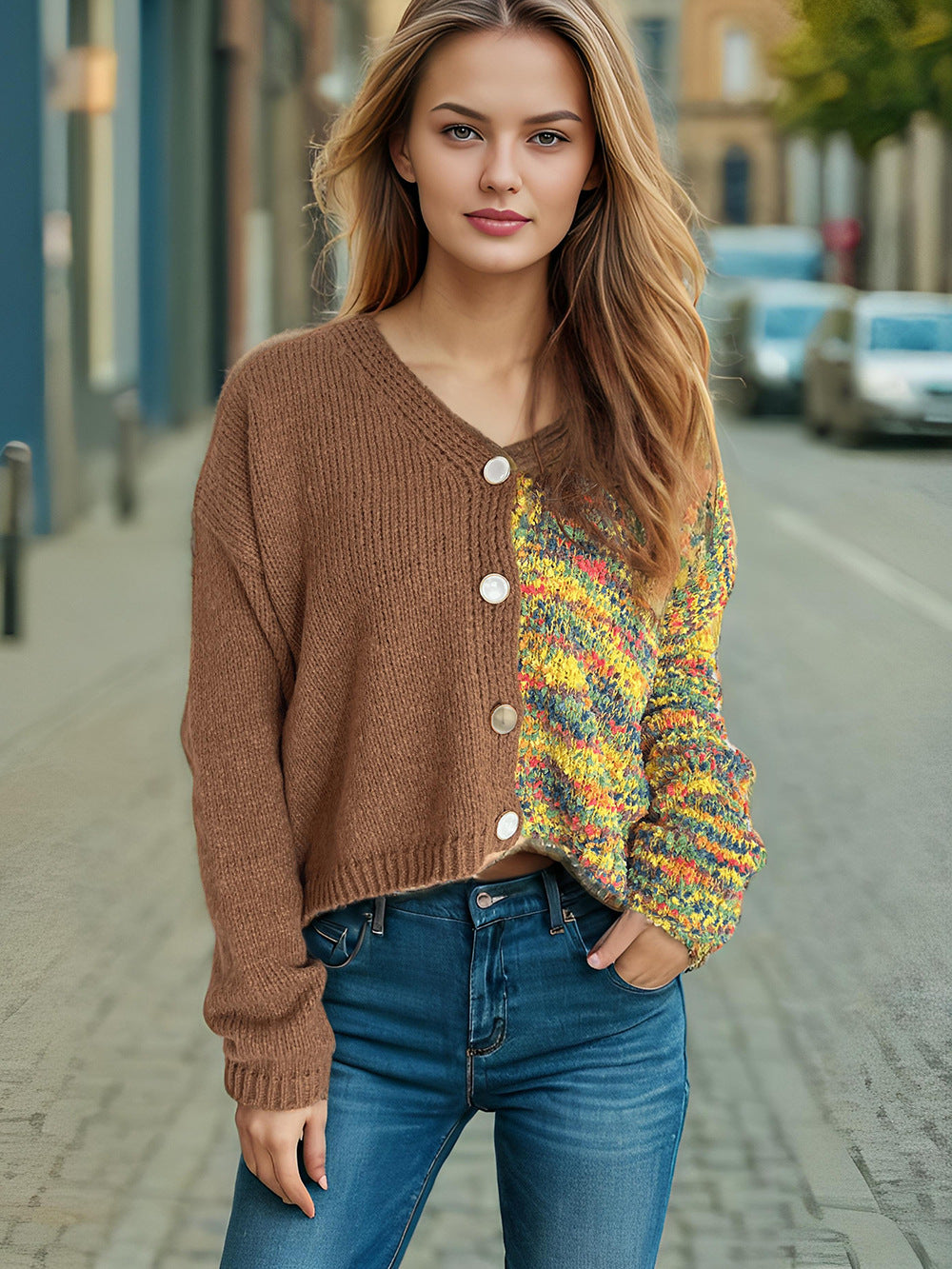 Damen lässige Strickjacke mit farbenfrohen Akzenten und Knopfdetails Fudus