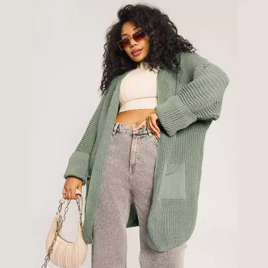 Damen lässige Strickjacke mit aufgesetzten Taschen und offenem Design Fudus