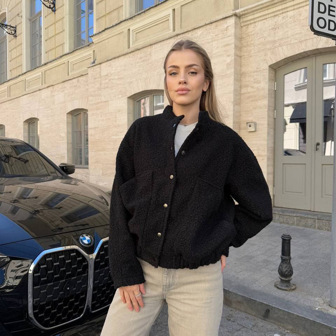 Damen kuschelige Fleecejacke mit Druckknöpfen und großen Taschen Fudus