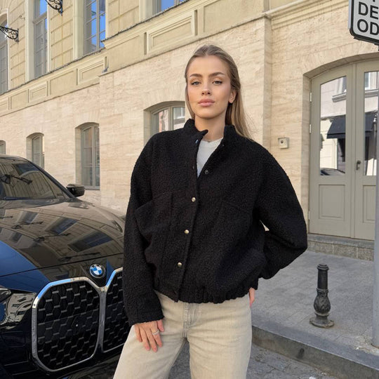 Damen kuschelige Fleecejacke mit Druckknöpfen und großen Taschen Fudus