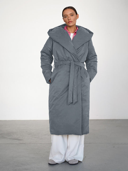 Damen Langmantel mit breitem Kragen und Taillengürtel Fudus