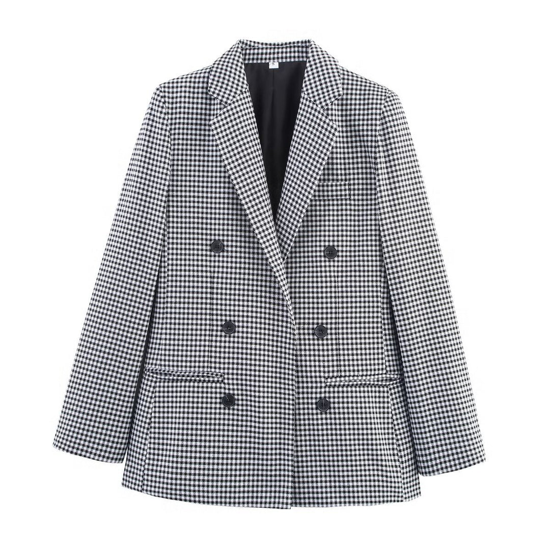 Damen karierter Blazer mit doppelter Knopfleiste und tailliertem Schnitt Fudus