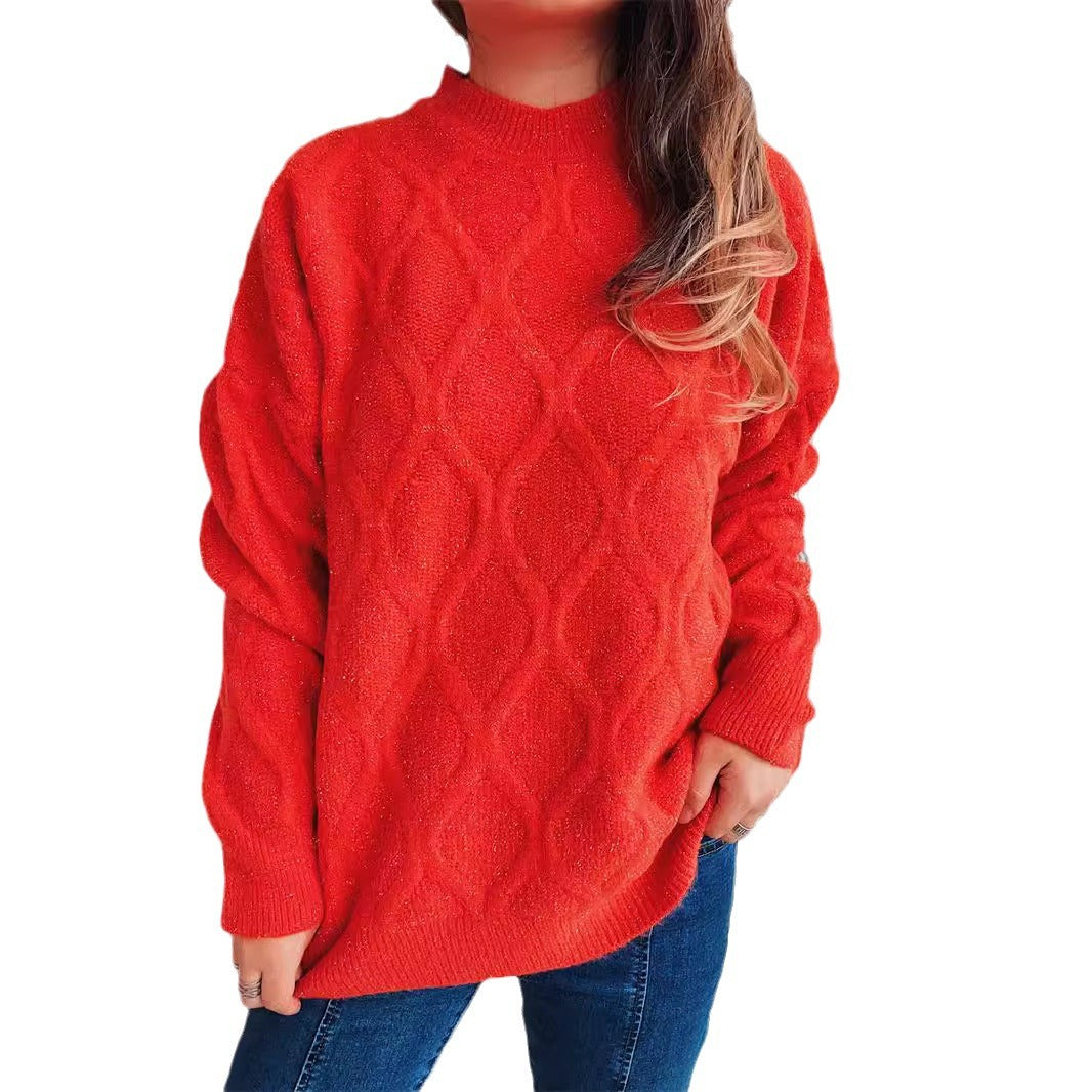 Damen Grobstrickpullover mit elegantem Rautenmuster und voluminösen Ärmeln Fudus