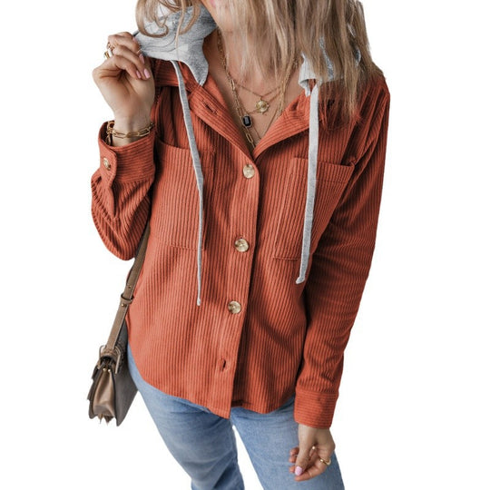 Damen lässige Hemdjacket mit Kapuze und seitlichen Taschen Fudus