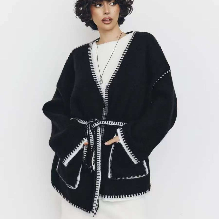 Damen Grobstrick Mantel mit praktischem Gürtel und Taschen Fudus