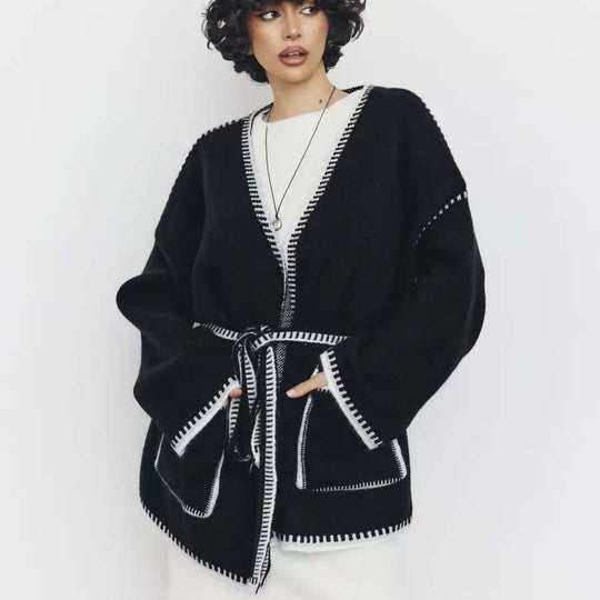 Damen Grobstrick Mantel mit praktischem Gürtel und Taschen Fudus