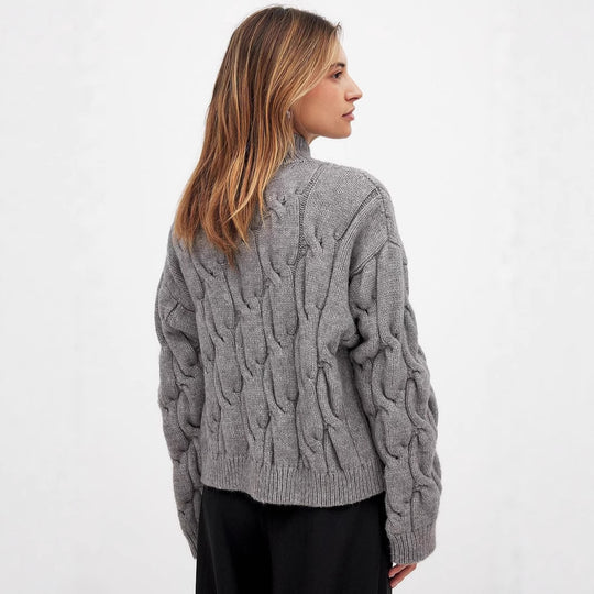 Damen Grobstrickpullover mit einem hohen Kragen und romantischem Zopfdesign Fudus