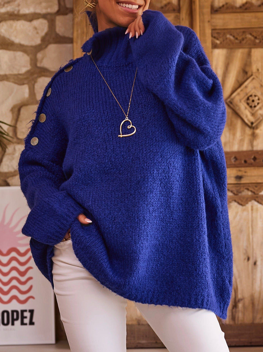 Damen Grobstrickpullover mit hohem Kragen und modischen Knopfdetails Fudus