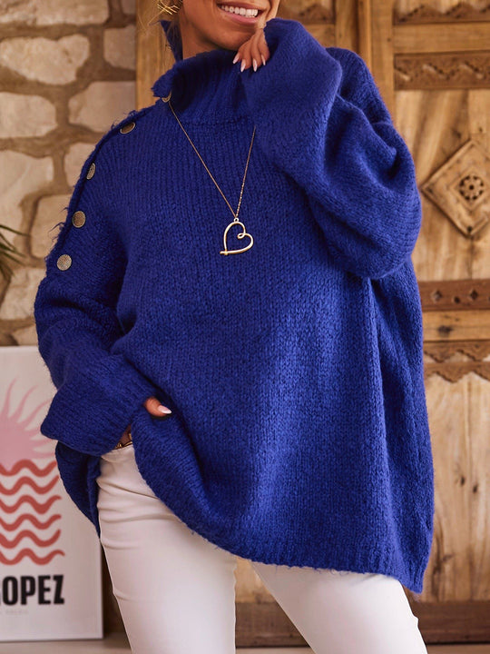 Damen Grobstrickpullover mit hohem Kragen und modischen Knopfdetails Fudus