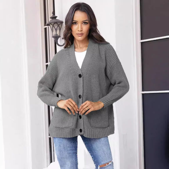 Damen Grobstrickjacke mit großen Taschen und modernem Knopfdesign Fudus