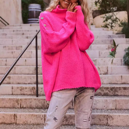 Damen Grobstrickpullover mit hohem Kragen und modischen Knopfdetails Fudus