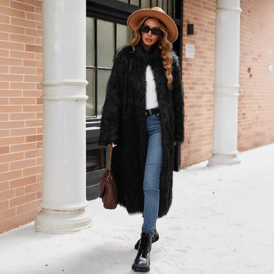 Damen Langer Kunstpelzmantel mit Stehkragen und Taschen Fudus