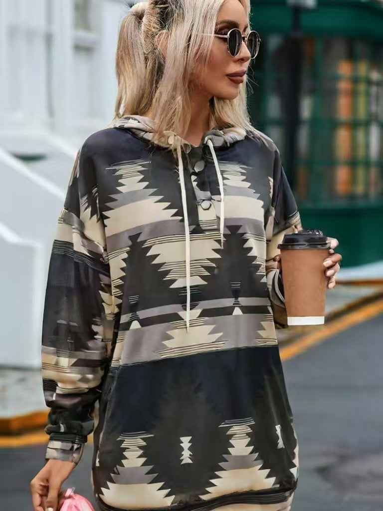 Damen Kapuzenpullover mit kreativem Farbmuster und praktischen Knöpfen Fudus