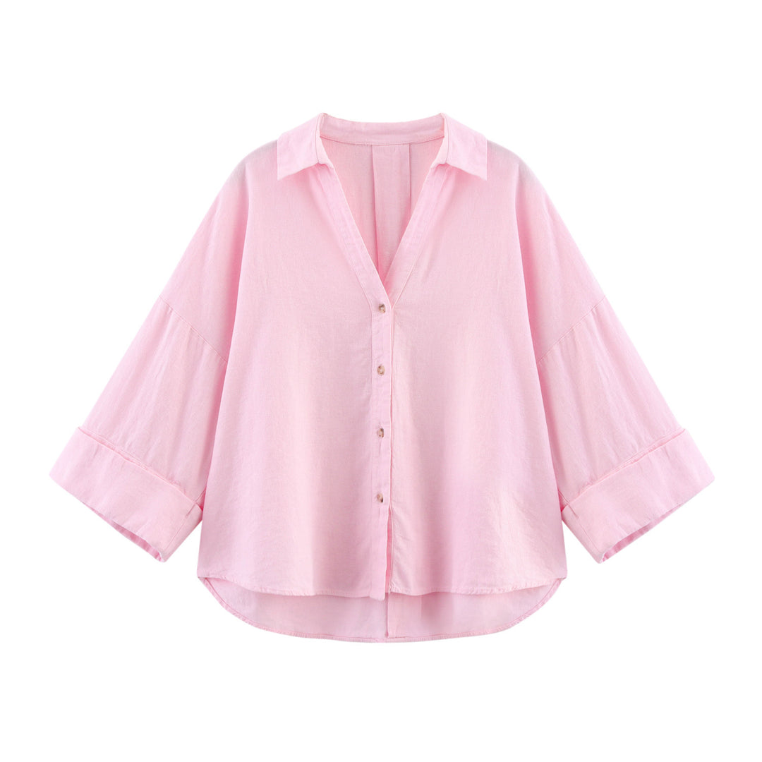 Damen lässige Bluse mit voluminösen Ärmeln und durchgehender Knopfleiste Fudus