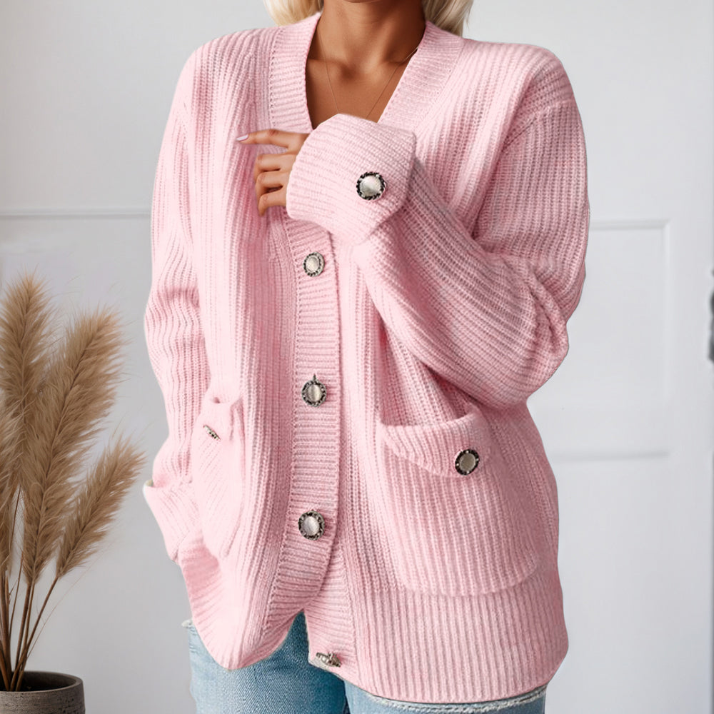Damen Grobstrickcardigan mit praktischen Taschen und eleganten Knopfdetails Fudus