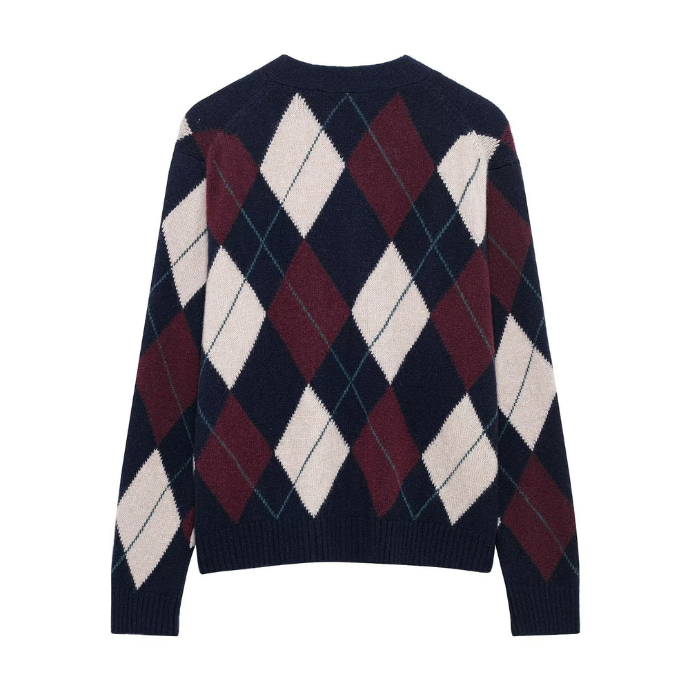 Damen lässige Strickjacke im modernen Rautenmuster mit V-Ausschnitt und Knopfdetails Fudus