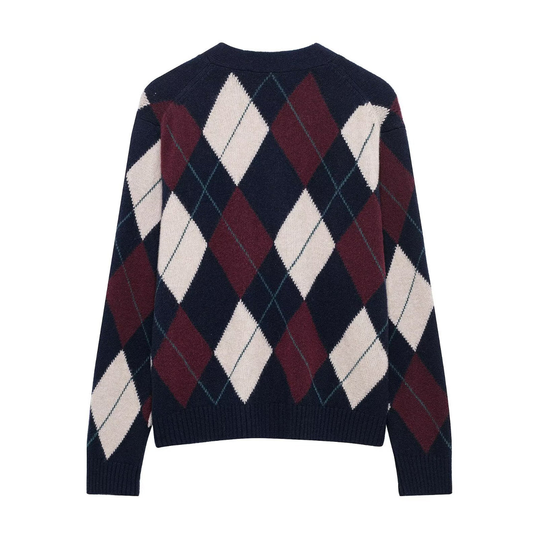 Damen lässige Strickjacke im modernen Rautenmuster mit V-Ausschnitt und Knopfdetails Fudus