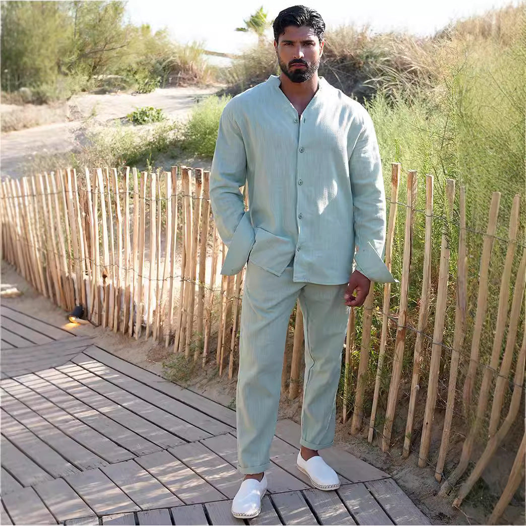 Herren Leinenanzug Mit Modernem Stehkragen