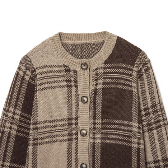 Damen modischer Karoknit-Pullover mit Knopfleiste und Rundhalsausschnitt Fudus