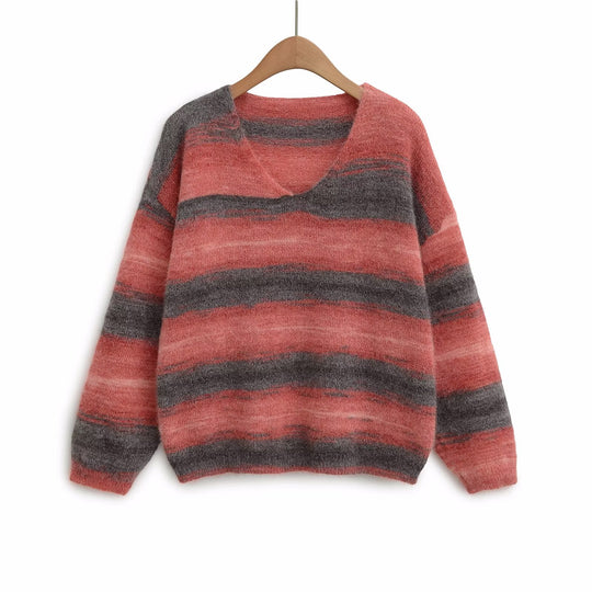 Damen kuscheliger Strickpullover mit V-Ausschnitt und gestreiftem Design Fudus