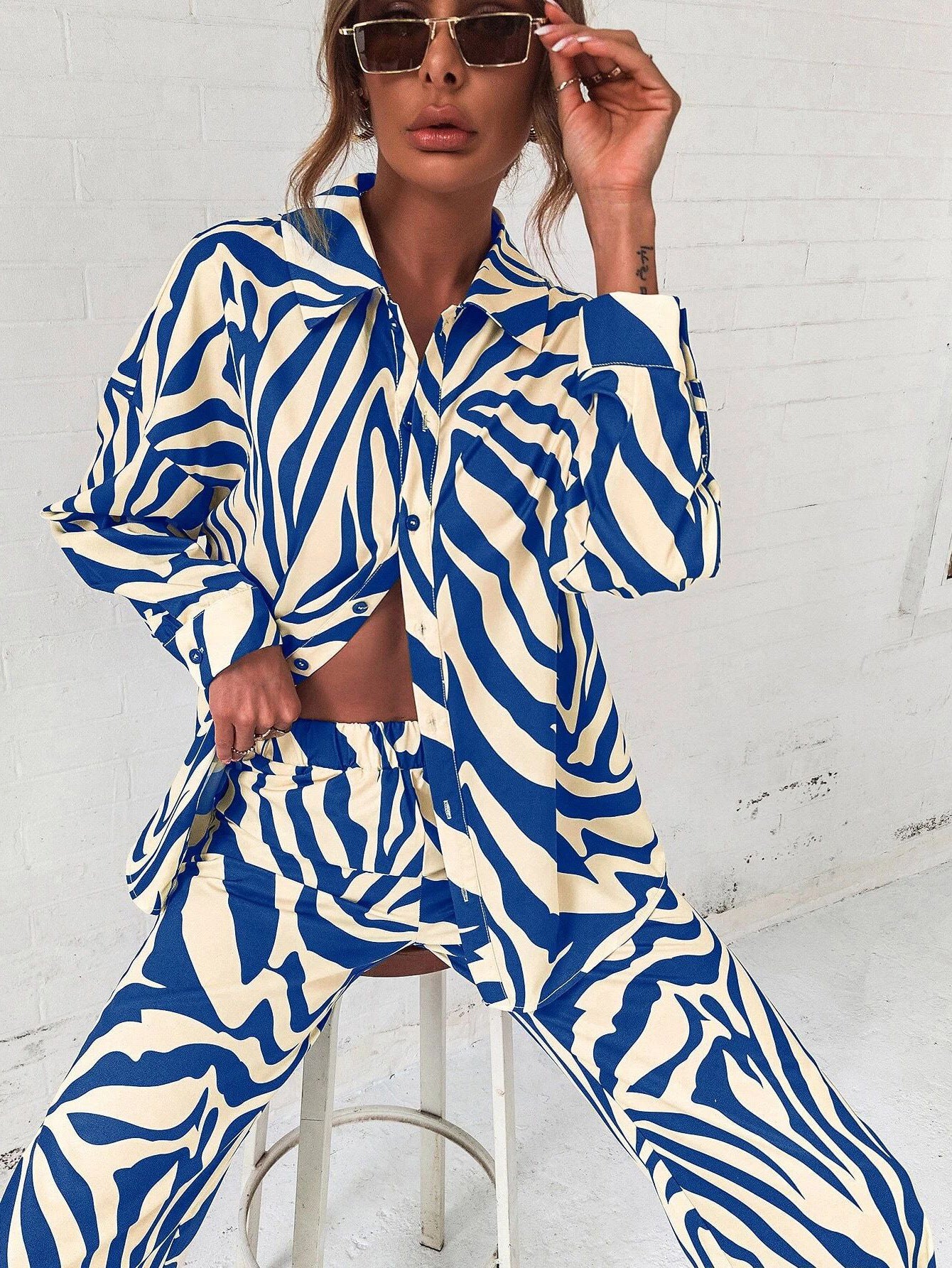 Damen Schlafanzug Set mit modernem geometrischem Muster Fudus