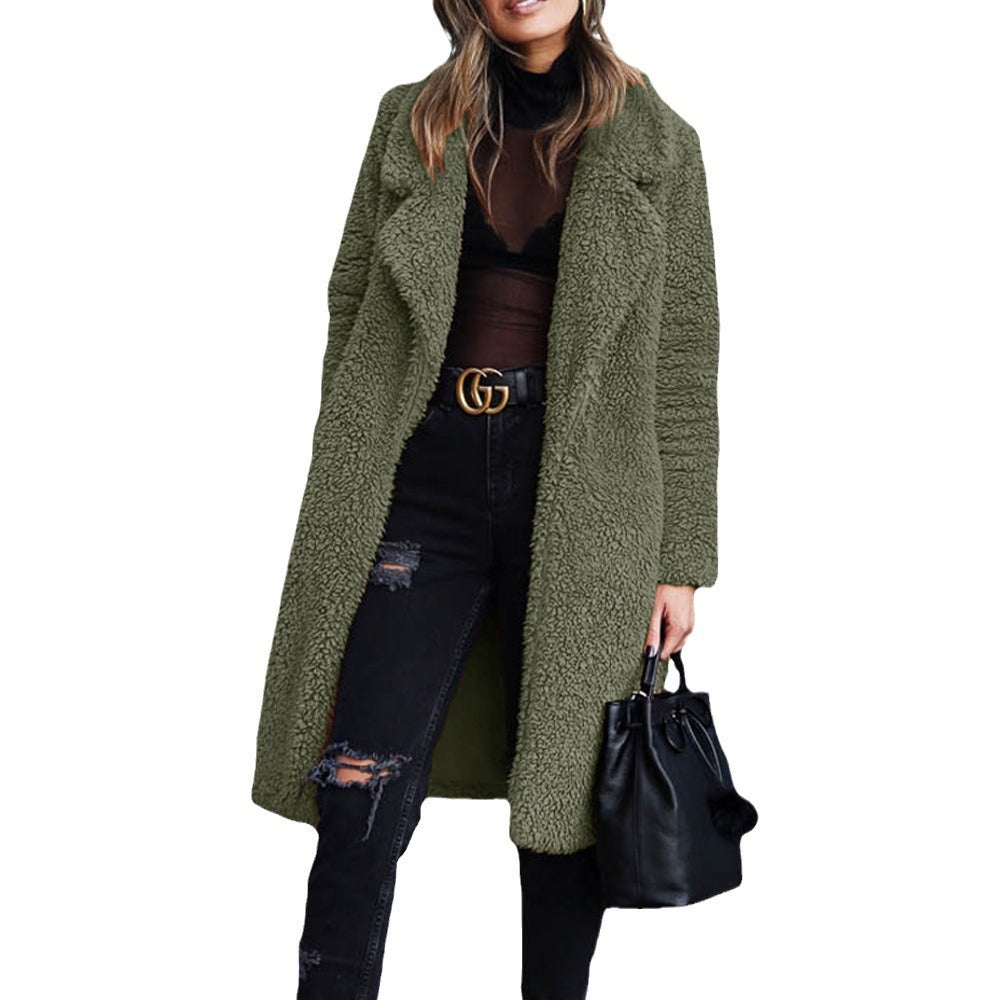 Damen kuscheliger Teddy-Mantel mit elegantem Revers und praktischen Taschen